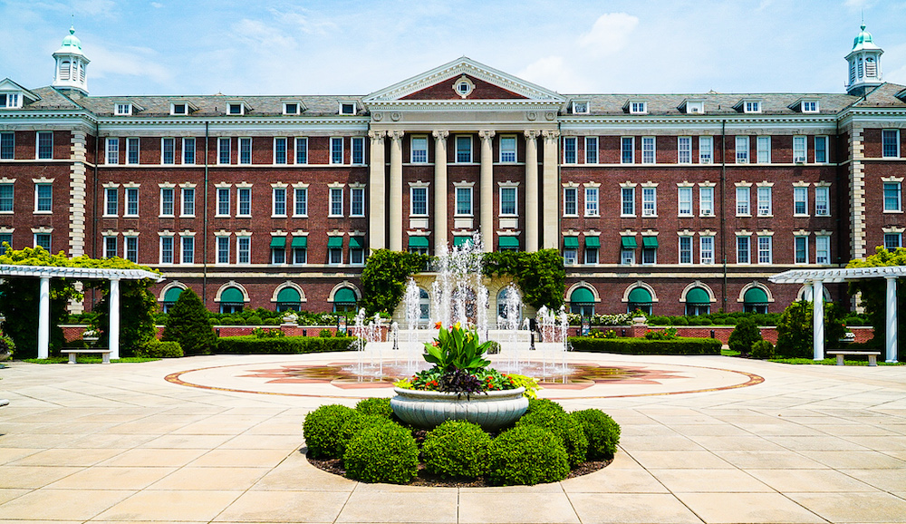 Exterior of the main building and courtyard surrounding the Culinary Institute of America