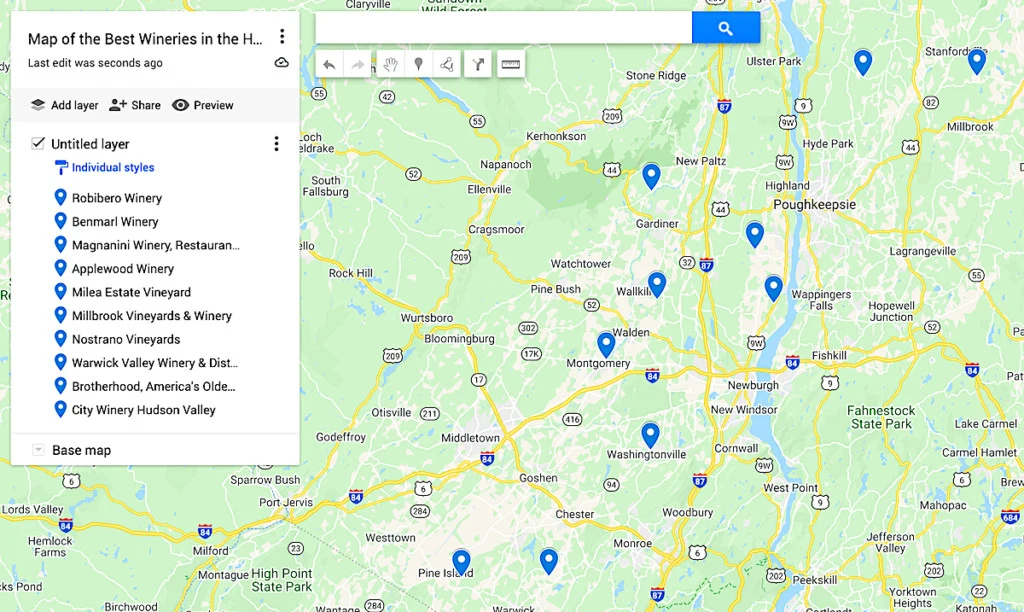 Map of the best wineries in the Hudson Valley. 