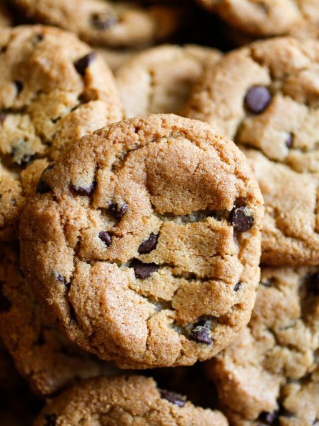 View of round chocolate chip cookies. 