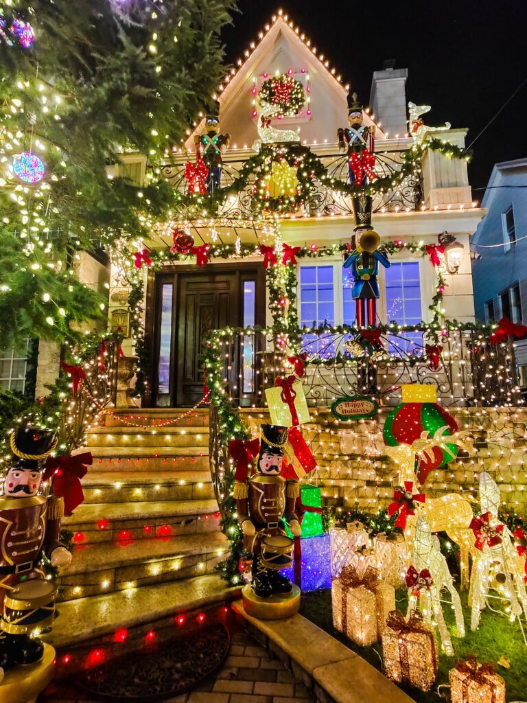 A view of a house covered in Christmas light at night in Dyker Heights in Brooklyn. 