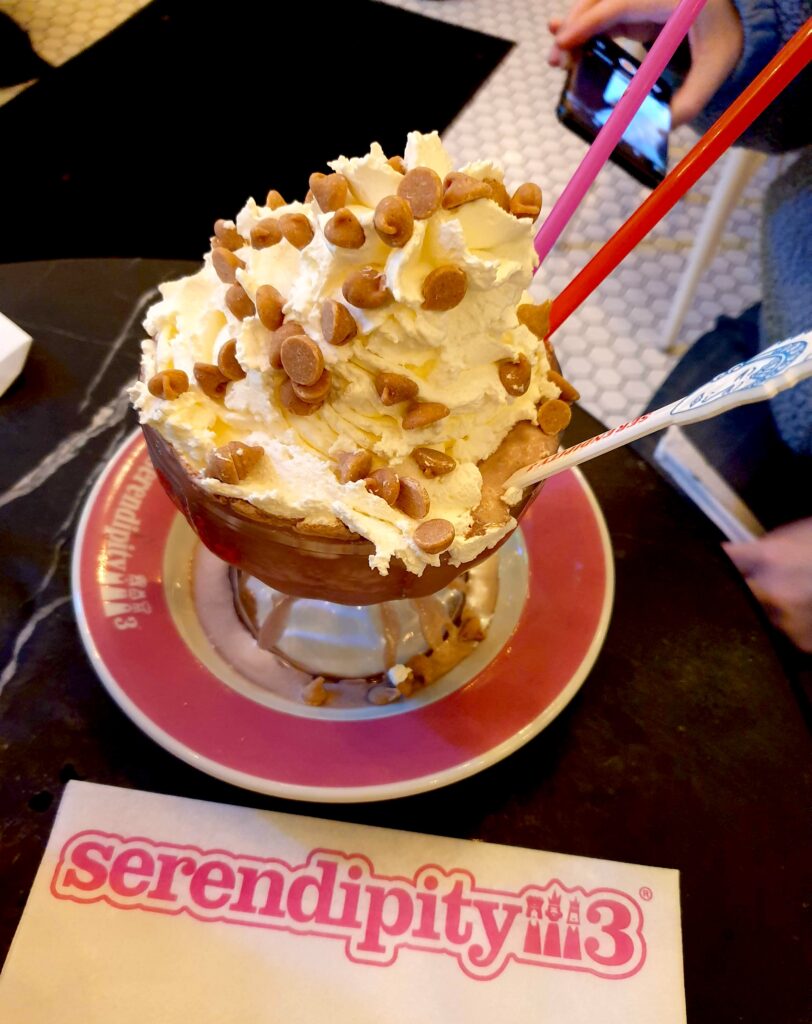 Aerial view of a frozen hot chocolate at Serendipity 3 with a pink and red straw and peanut butter chips with whipped cream on top. 