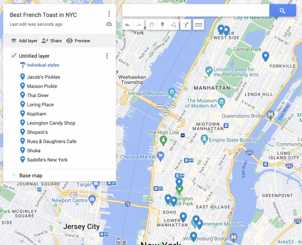 Map of the ten places for the best French toast in NYC with blue dots to represent each spot. 