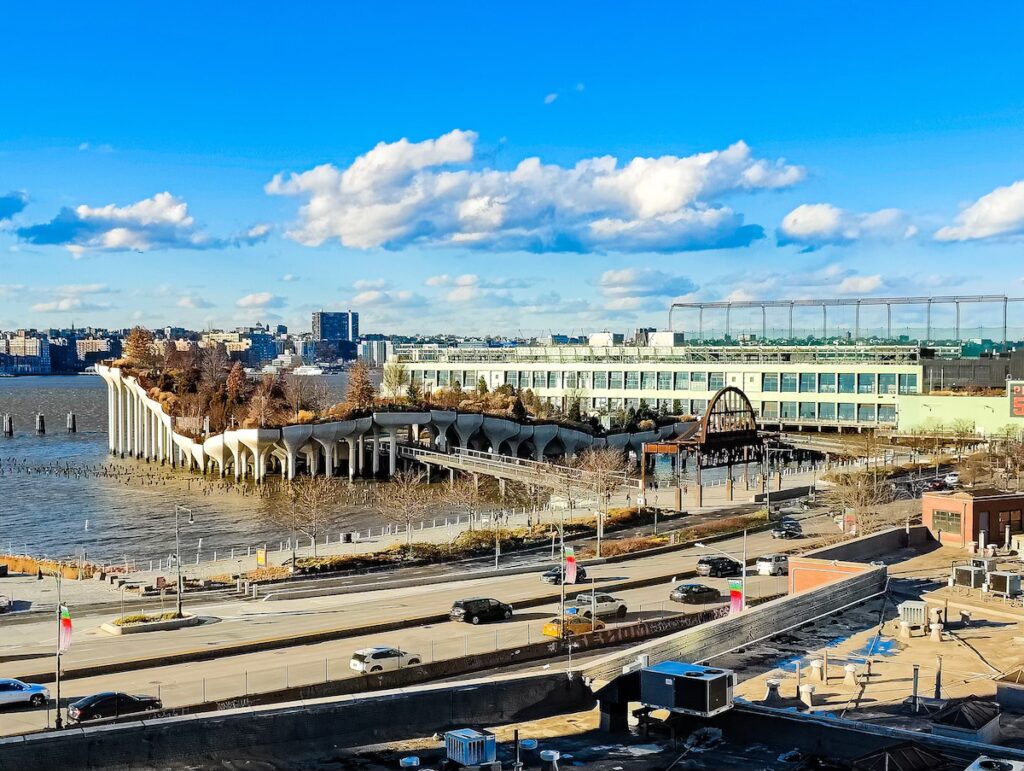 aerial view of Little Island from the Whitney Museum. 