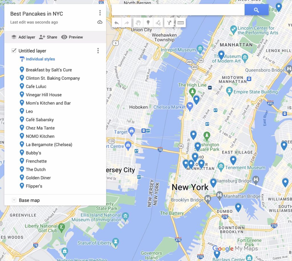 Map of the best pancakes in NYC with blue dots to represent 15 of the best pancake places in NYC on a map of the city. 