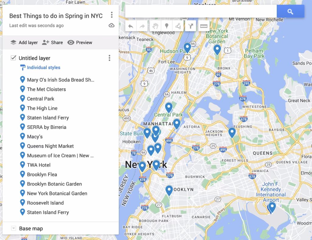 Map of the best things to do in spring in NYC. There are blue dots to represent each of the items. 