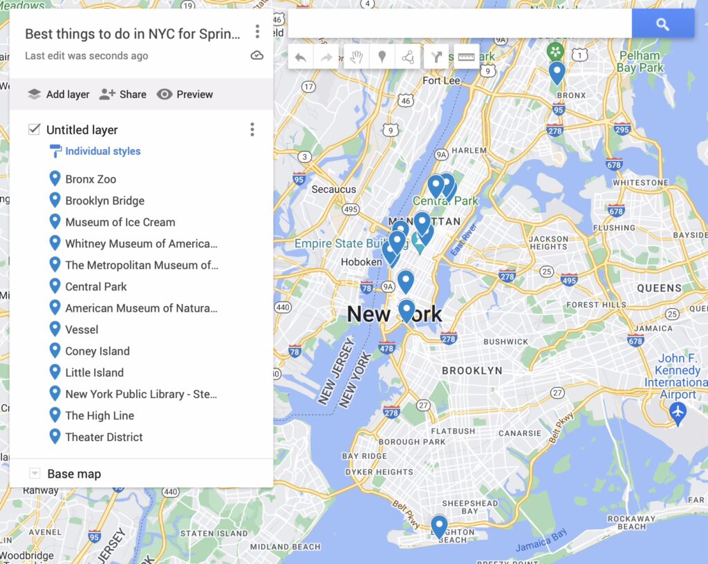 Map with 13 blue dots to represent the best things to do in NYC over spring break. 