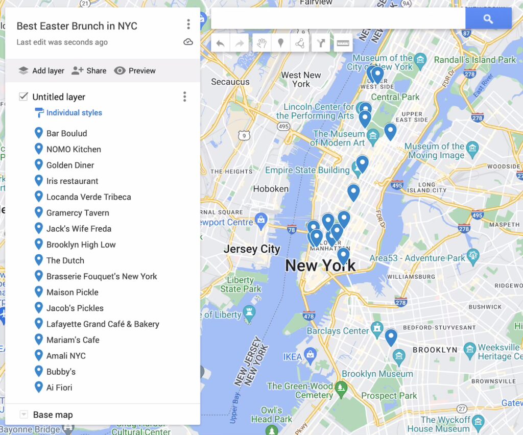 Map of the best Easter brunch in NYC with blue dots on a map to represent the top restaurants. 